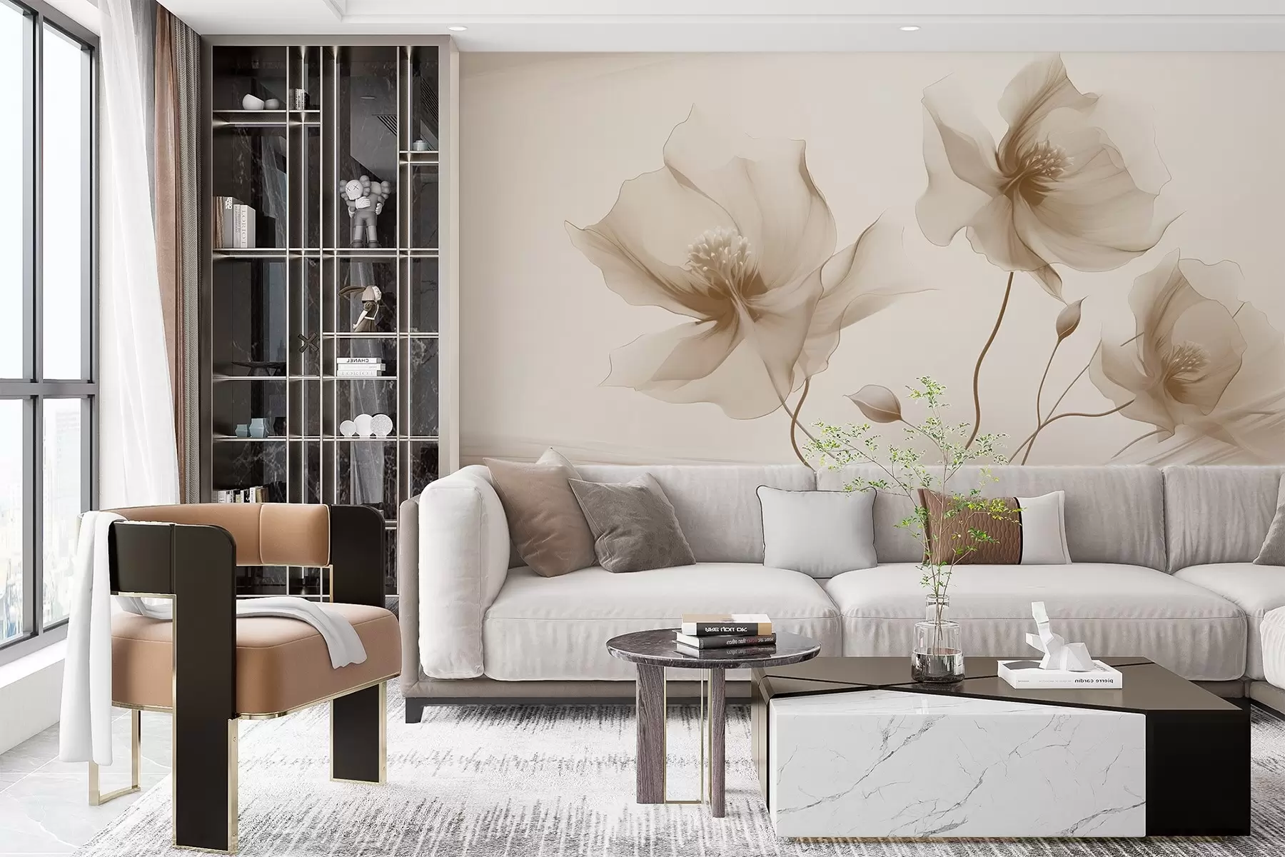 Fototapete Drei anmutige Blumen mit durchscheinenden Blütenblättern, verflochten mit Bändern aus Licht und Wind in Beigetönen w01932