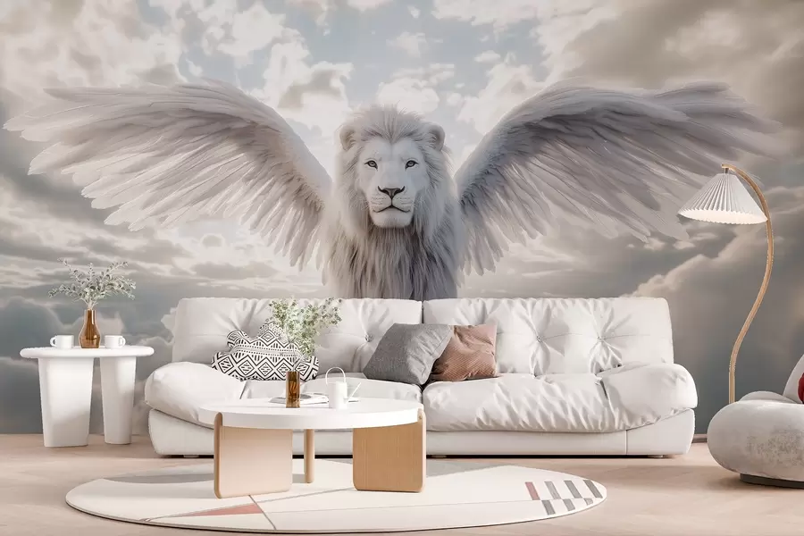 Fototapete Majestätischer weißer Löwe mit einer schönen, üppigen weißen Mähne und Flügeln gegen den Himmel in grauen Farben w02144v1