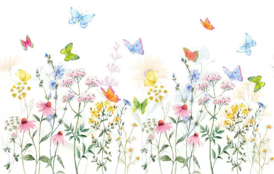 Fototapete Bunte Blumen und Pflanzen und Schmetterlinge w02238