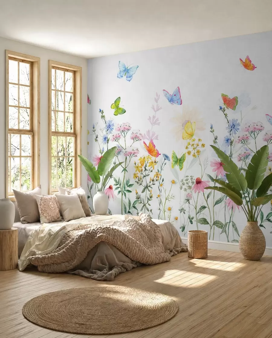 Fototapete Bunte Blumen und Pflanzen und Schmetterlinge w02238