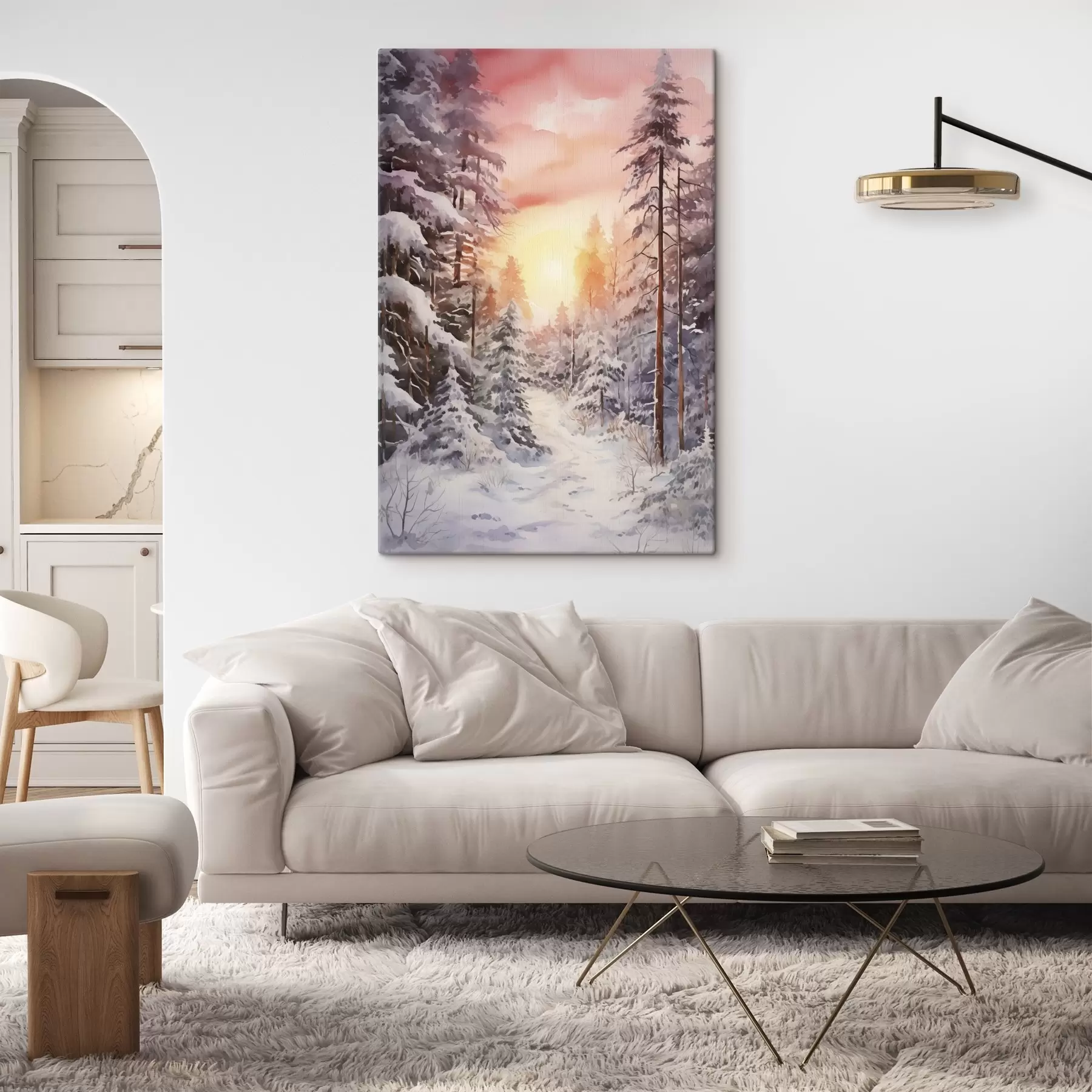 Fototapete Schöne Winter, Aquarell Wald, verschneit, Bäume, rosa Himmel, Sonnenuntergang s41641