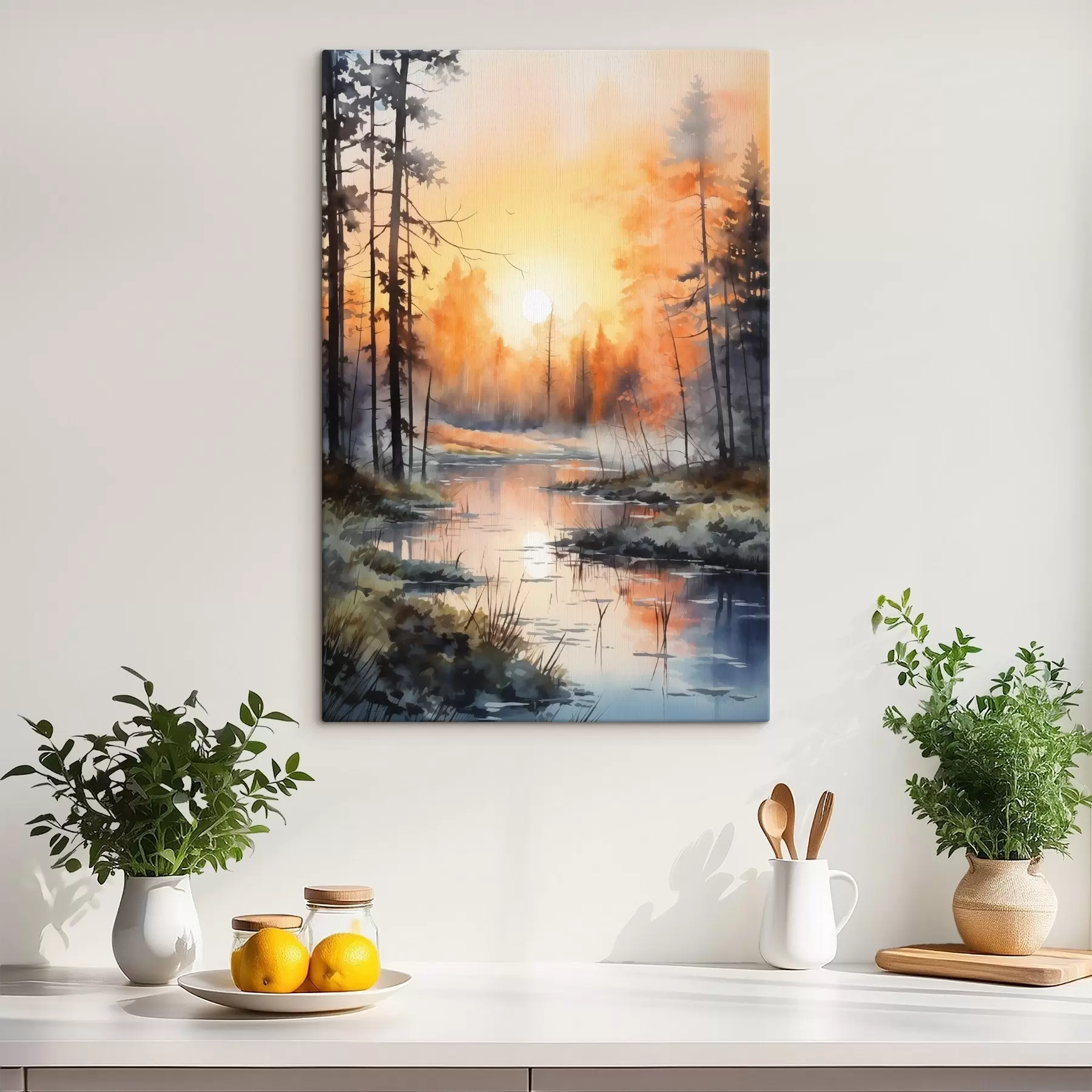 Fototapete See im Wald, Aquarell, Herbstfarben, Nebel, Sonnenuntergang Himmel s41642