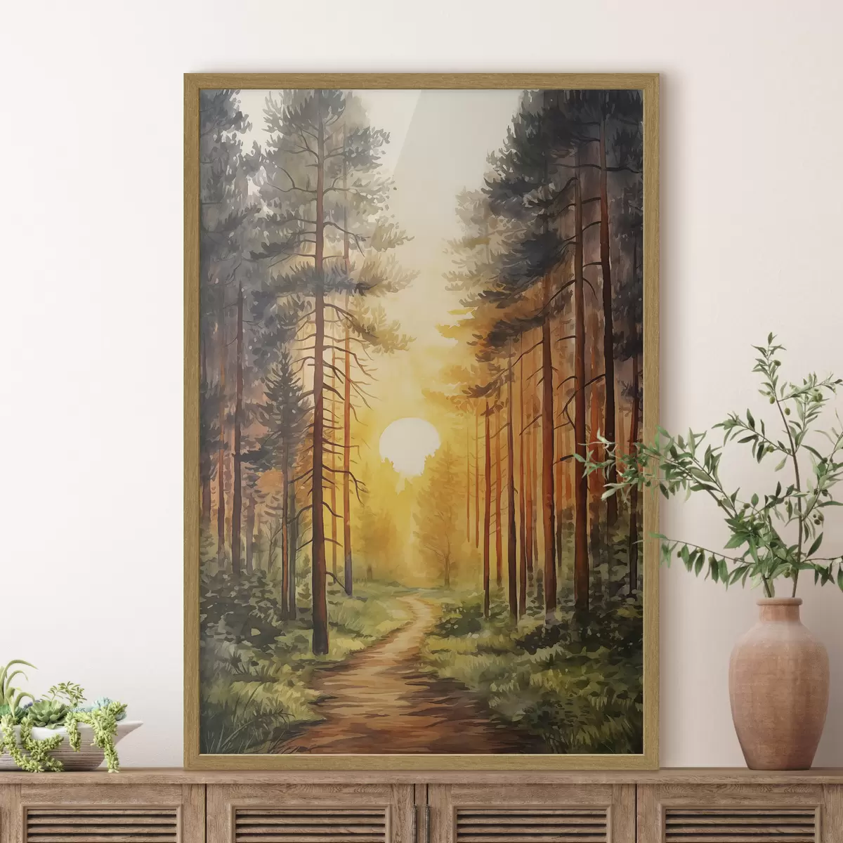 Poster Sonnenuntergang im Kiefernwald, Aquarell, Naturschönheit f41638