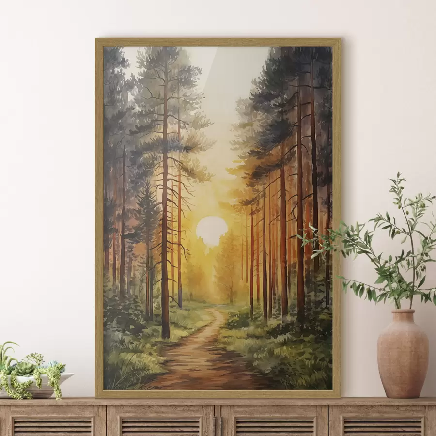 Fototapete Sonnenuntergang im Kiefernwald, Aquarell, Naturschönheit f41638