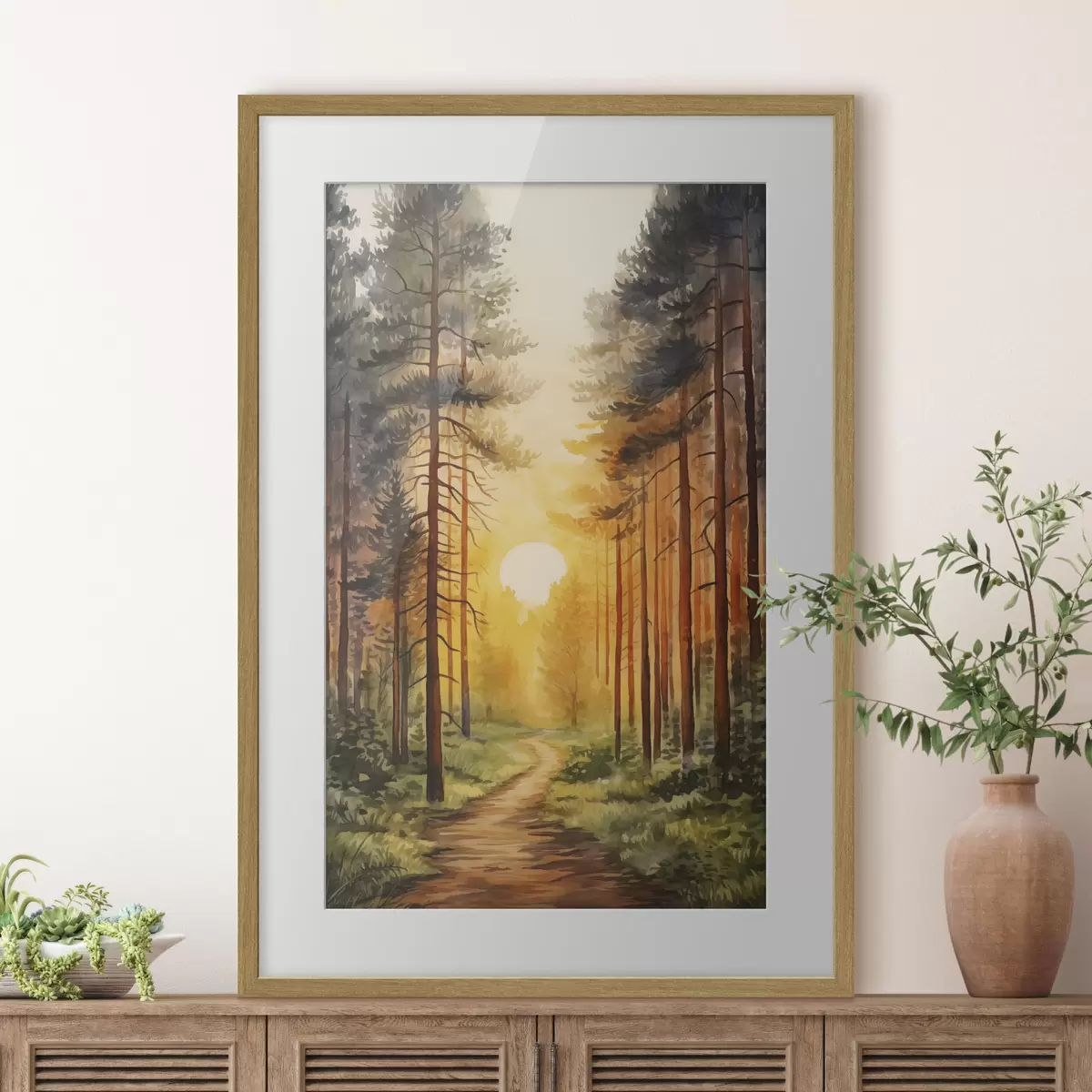 Poster Sonnenuntergang im Kiefernwald, Aquarell, Naturschönheit f41638