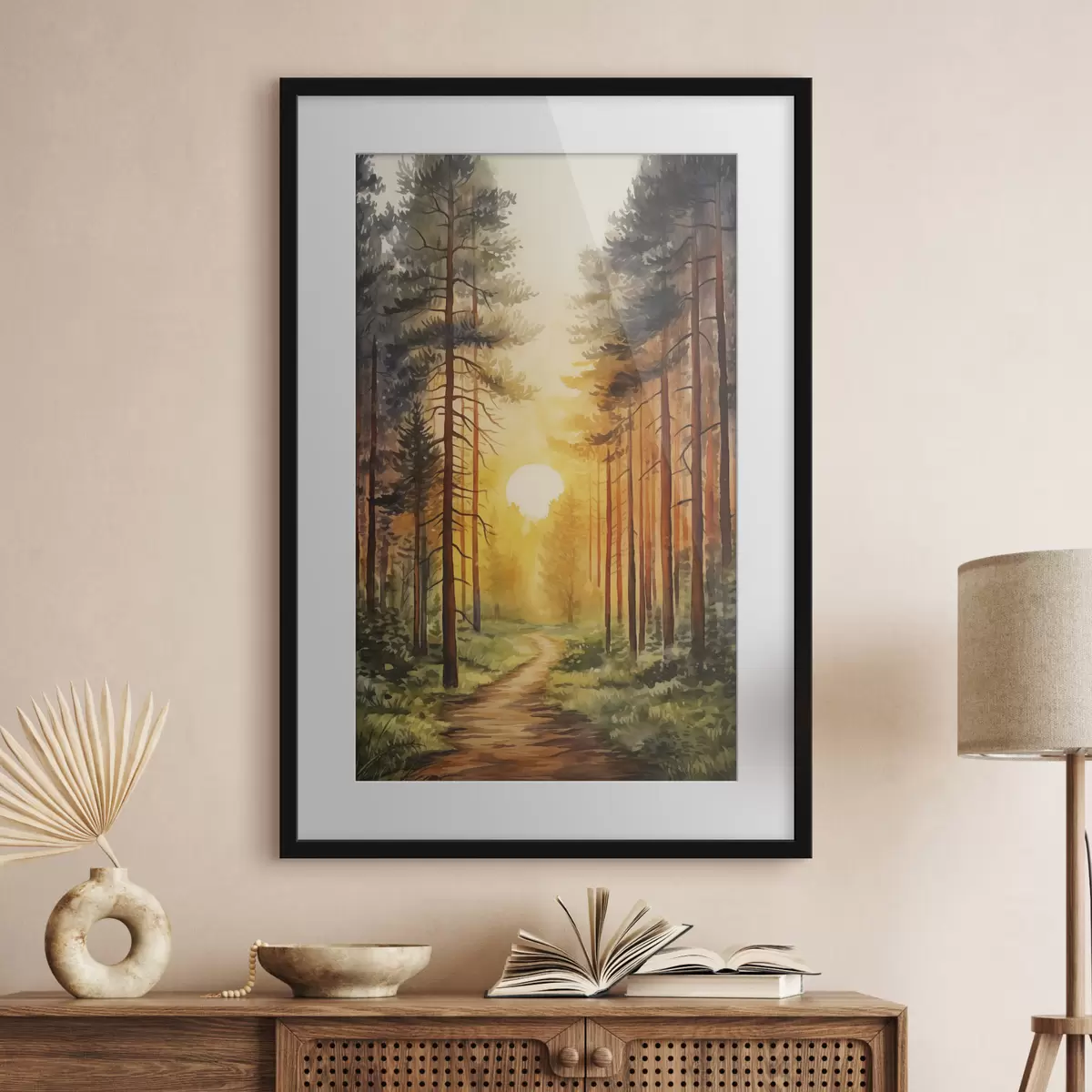 Poster Sonnenuntergang im Kiefernwald, Aquarell, Naturschönheit f41638