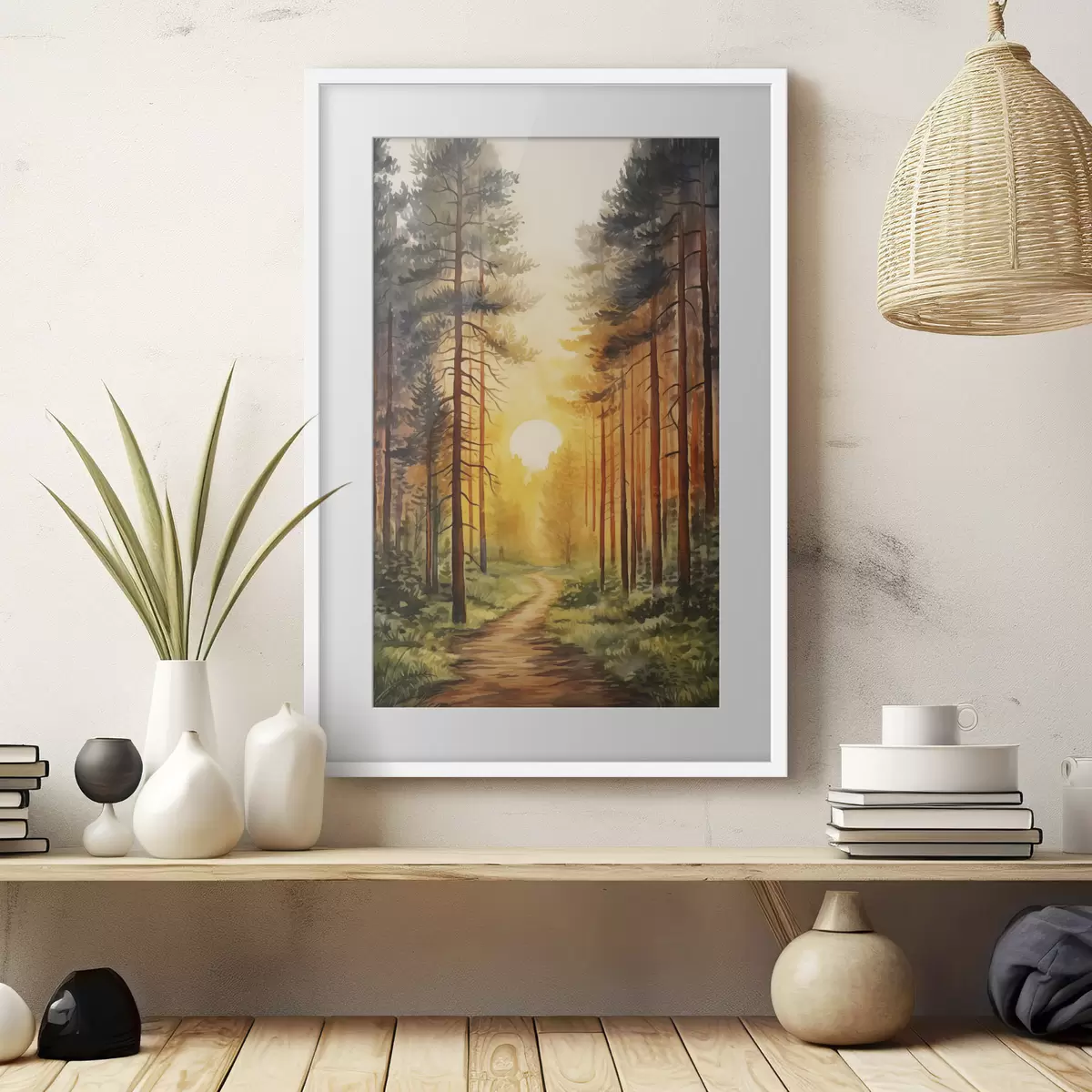 Poster Sonnenuntergang im Kiefernwald, Aquarell, Naturschönheit f41638