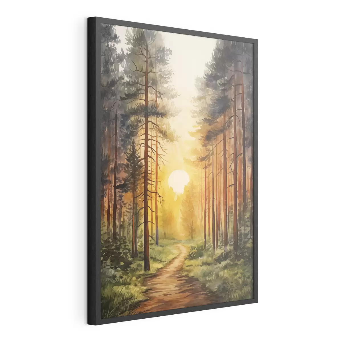 Poster Sonnenuntergang im Kiefernwald, Aquarell, Naturschönheit f41638