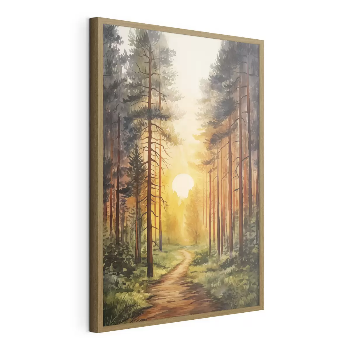 Poster Sonnenuntergang im Kiefernwald, Aquarell, Naturschönheit f41638