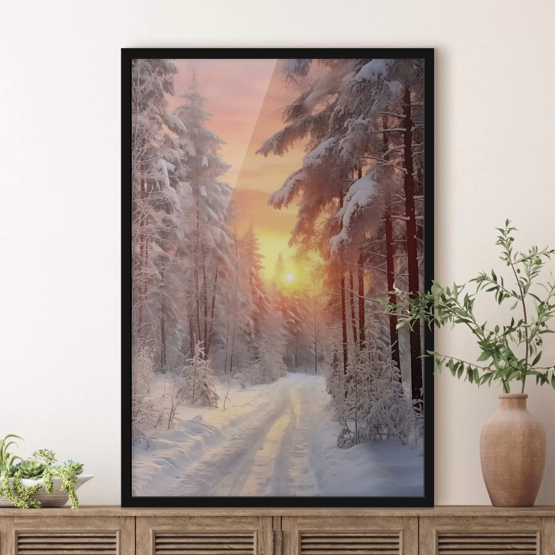 Fototapete Ein Weg in den Winterwald, Schnee, Kiefern, Sonnenuntergang Farben f41639
