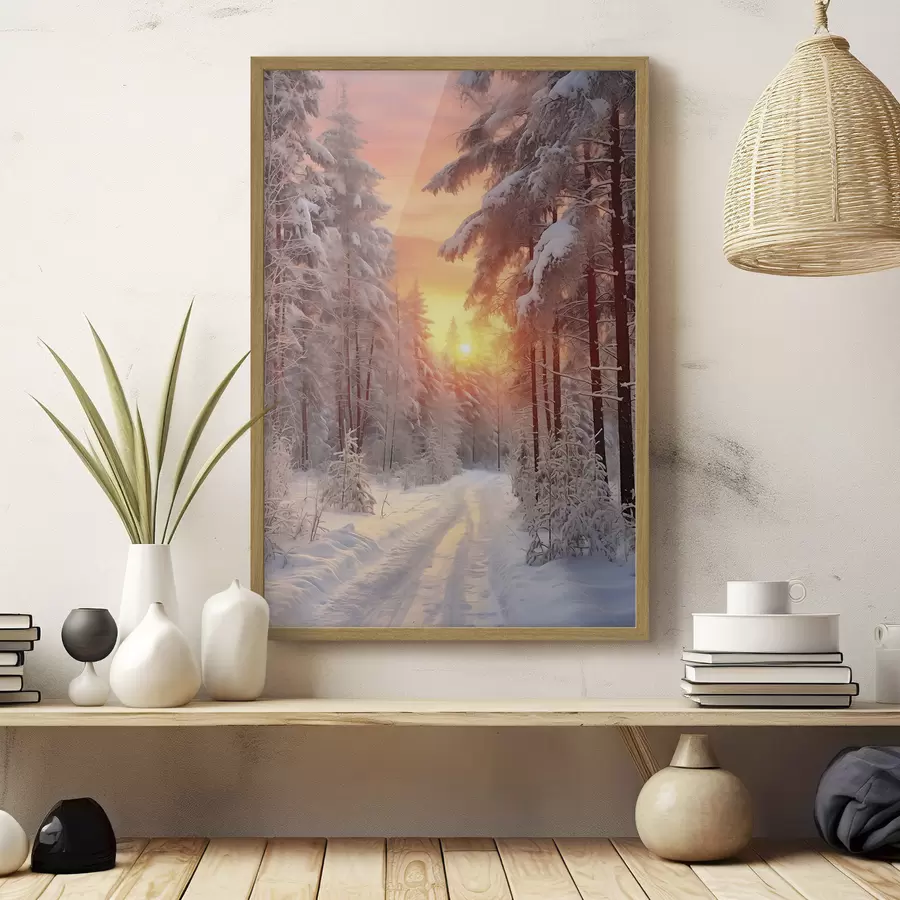 Fototapete Ein Weg in den Winterwald, Schnee, Kiefern, Sonnenuntergang Farben f41639