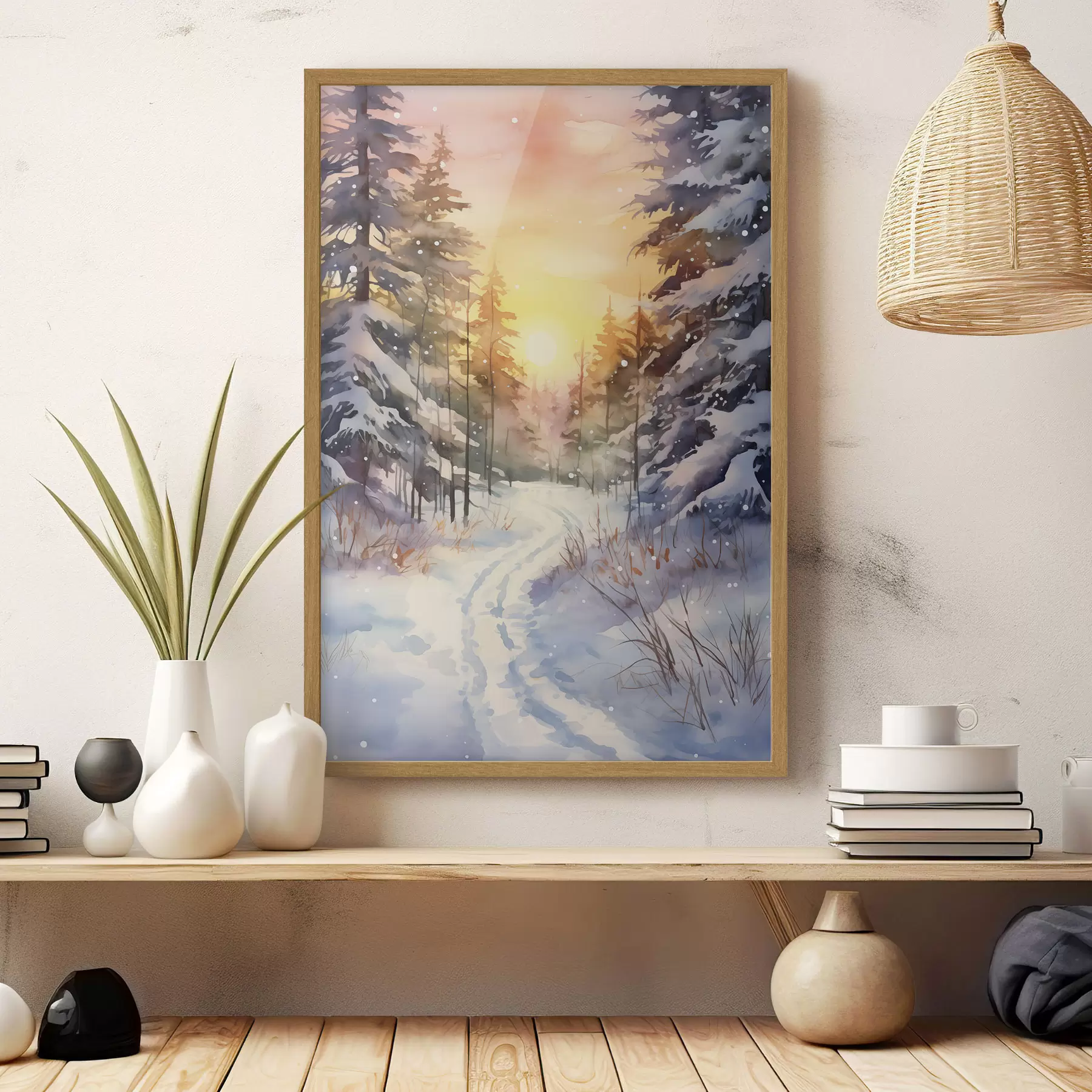 Fototapete Aquarell Winterwald, Schneeflocken, schöner Himmel, Sonnenuntergang f41640