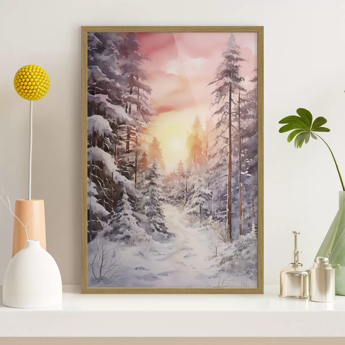 Poster Schöne Winter, Aquarell Wald, verschneit, Bäume, rosa Himmel, Sonnenuntergang f41641