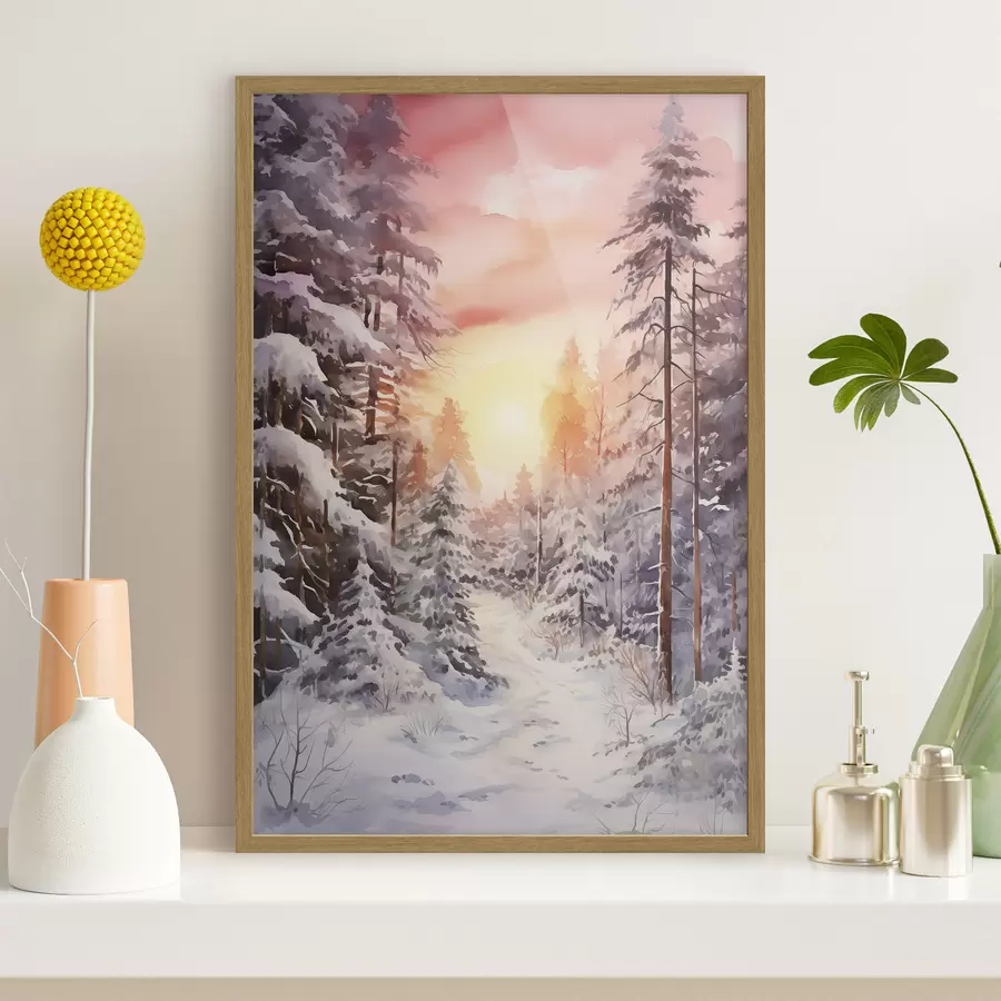 Fototapete Schöne Winter, Aquarell Wald, verschneit, Bäume, rosa Himmel, Sonnenuntergang f41641