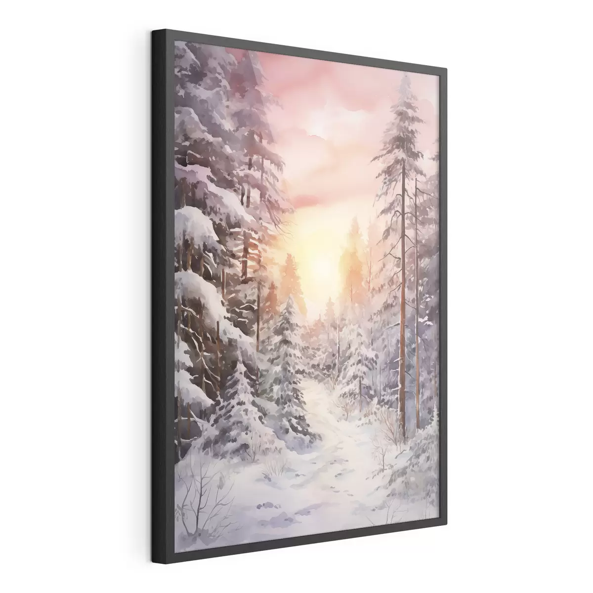 Poster Schöne Winter, Aquarell Wald, verschneit, Bäume, rosa Himmel, Sonnenuntergang f41641