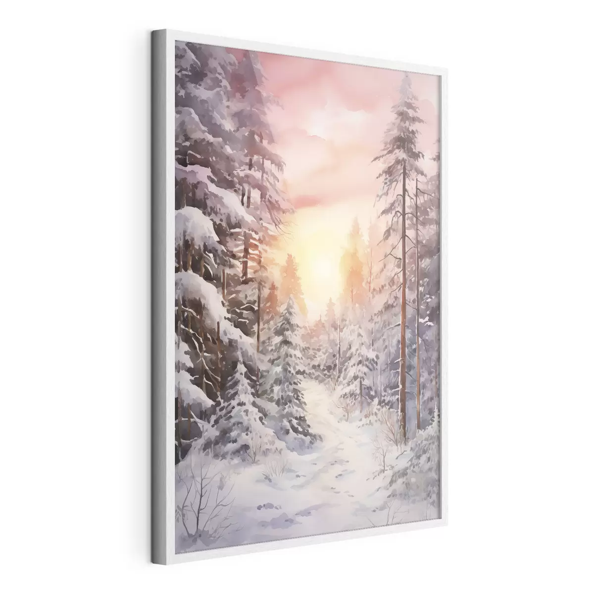 Poster Schöne Winter, Aquarell Wald, verschneit, Bäume, rosa Himmel, Sonnenuntergang f41641
