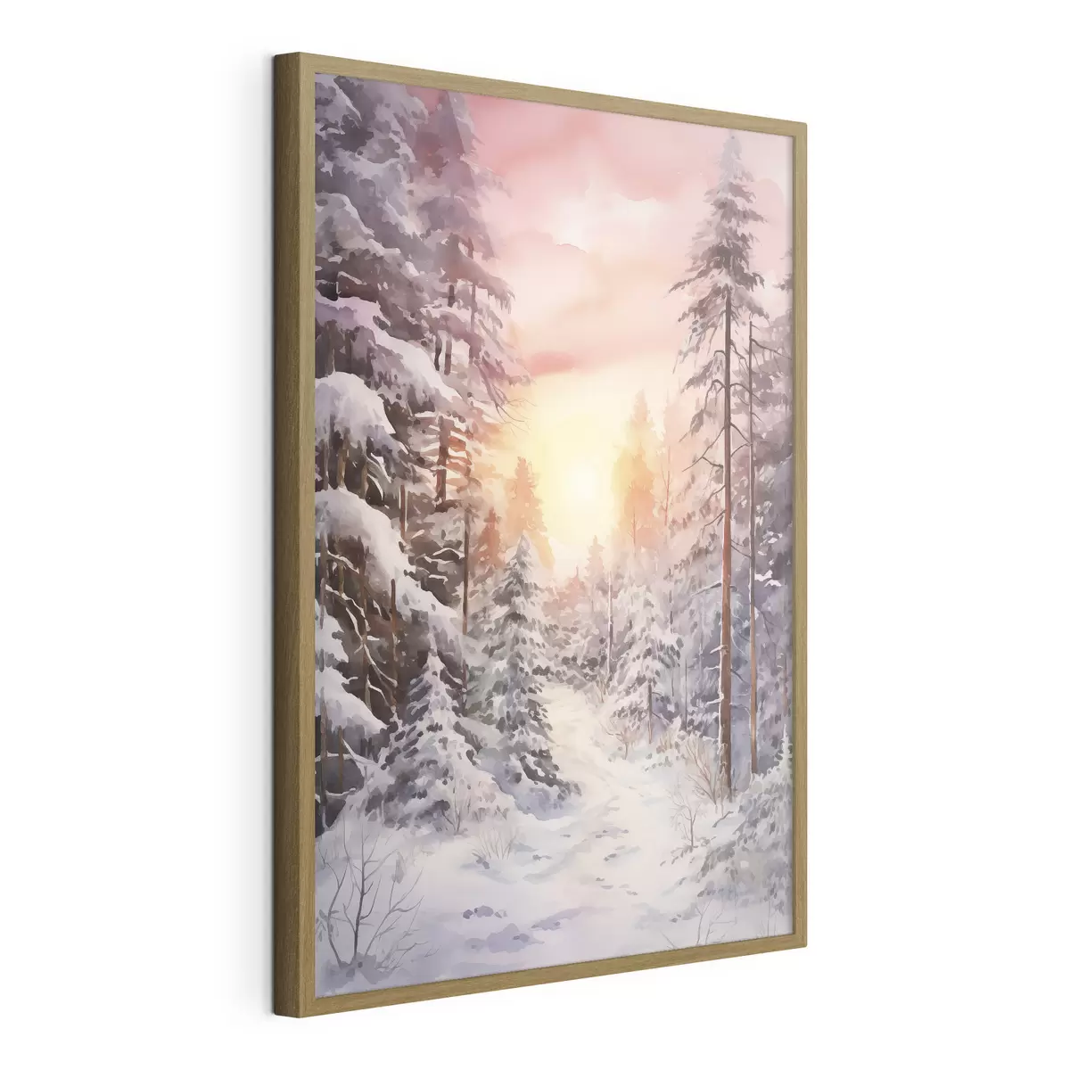 Poster Schöne Winter, Aquarell Wald, verschneit, Bäume, rosa Himmel, Sonnenuntergang f41641