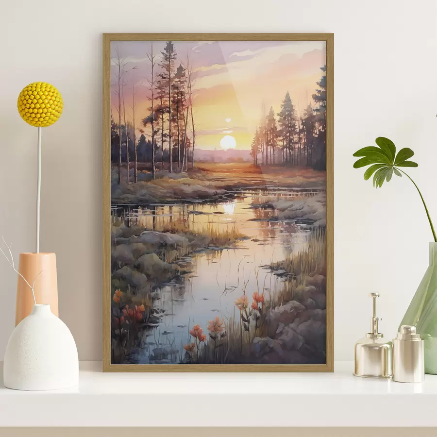 Fototapete Schöne Fluss im Herbst Wald, Aquarell, Wiese, Sonnenuntergang Himmel f41643
