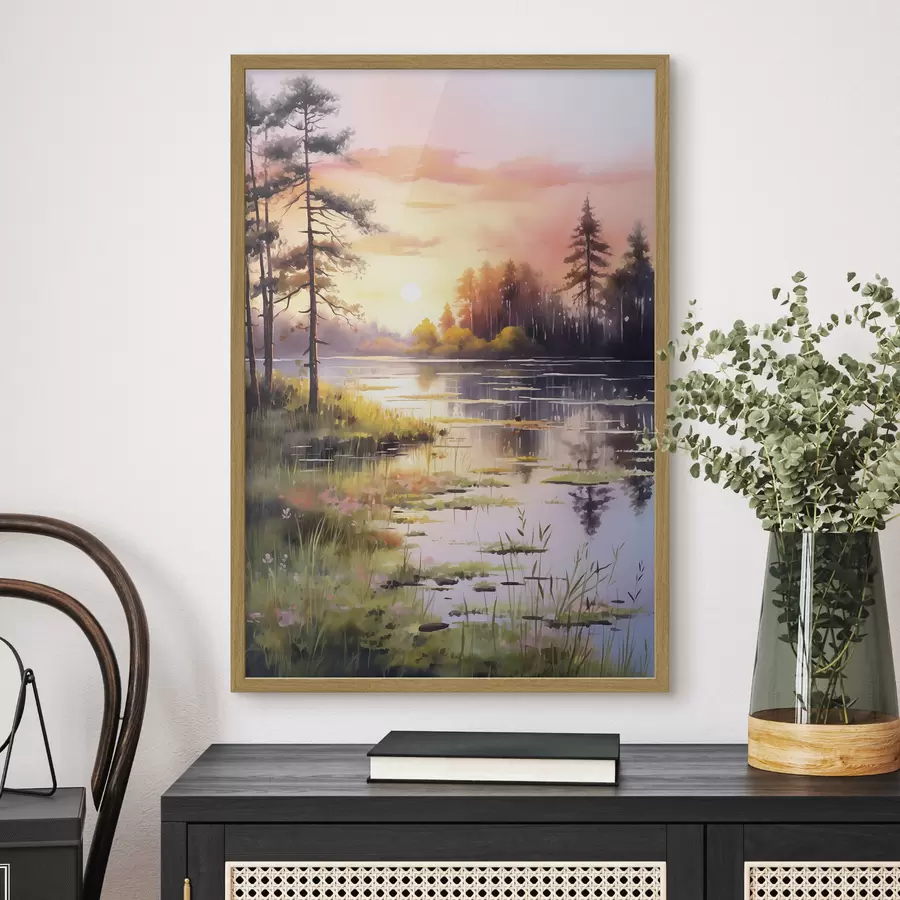 Fototapete Sonnenaufgang auf dem Waldsee, Aquarell, Bäume, Blumen, sanftes Licht f41644