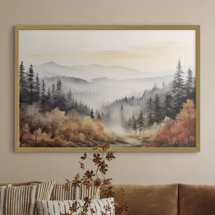 Fototapete Schöne neblige Berge, Herbst Wald, Aquarell f41646
