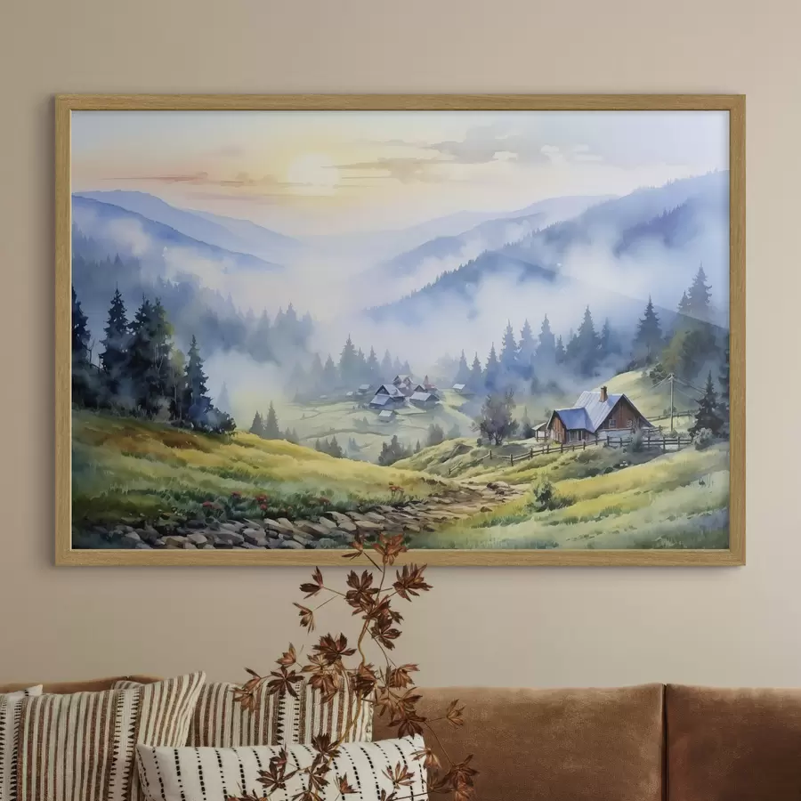 Fototapete Karpatendorf in den nebligen Bergen, Wald, Aquarell f41648