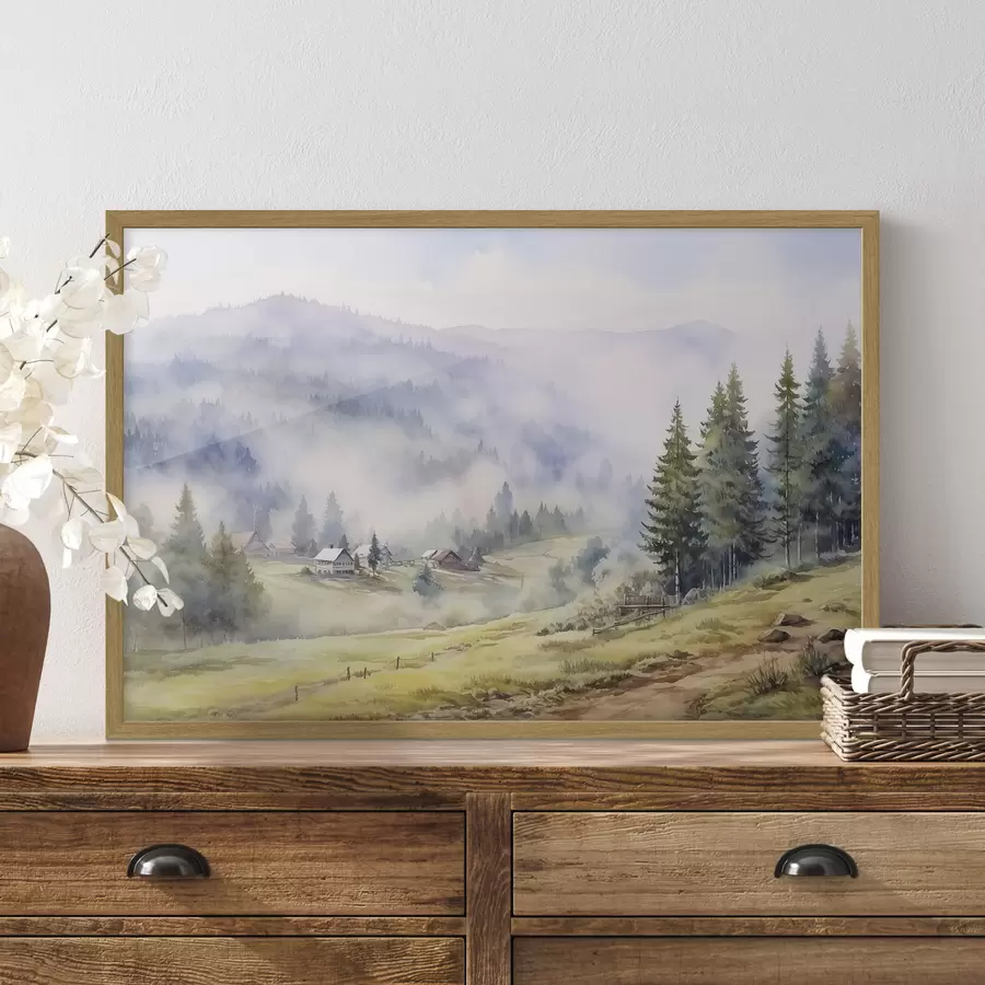 Fototapete Schöne Berge, neblige Waldlandschaften, Aquarell, Dorf f41649
