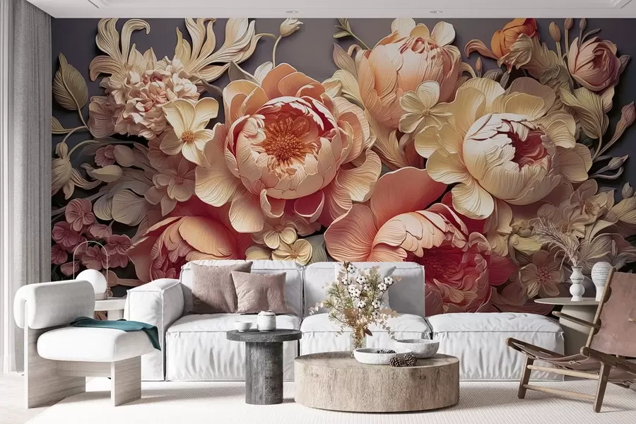 Fototapete Ein 3D-Blumenarrangement mit rosa-beigen Pfingstrosen und Rosen im Rokoko-Stil auf dunklem Hintergrund w01933