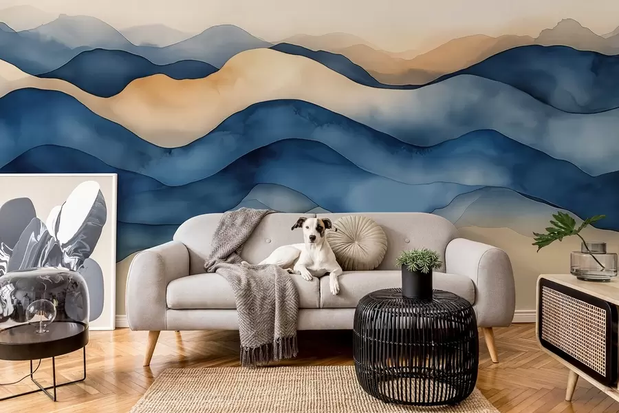 Fototapete Abstrakte blau-beigefarbene Wellen, die an Berge erinnern w02196