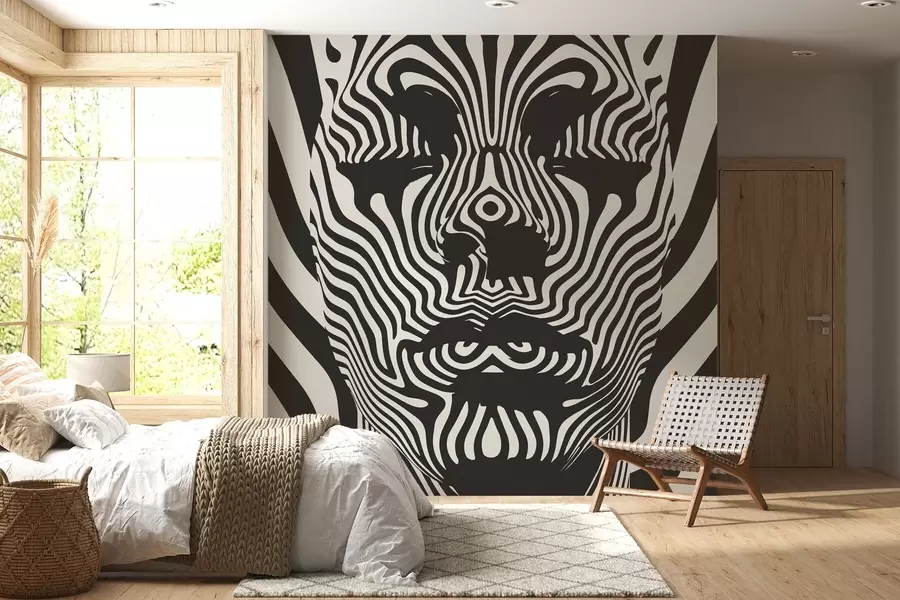 Fototapete Spalier im Op-Art-Stil mit abstraktem Gesicht, Wellenlinien auf hellem Hintergrund. w02285