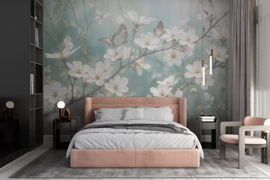 Fototapete Ein weißer Schmetterling auf einem Zweig mit zarten weißen Kirschblüten im Vordergrund vor einem unscharfen Hintergrund w08421