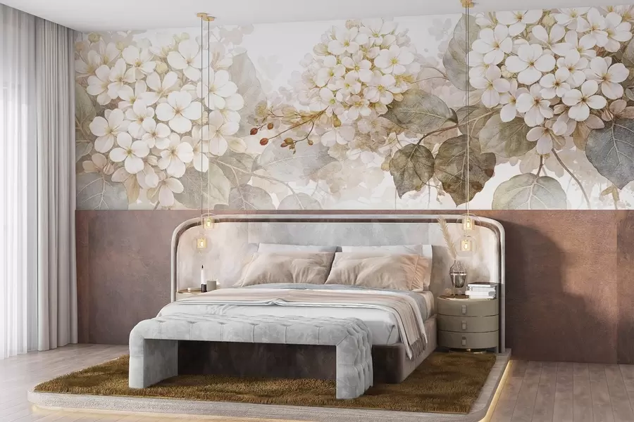 Fototapete Zarte weiße Hortensienblüten mit zartgrünen Blättern vor einem hellen Hintergrund w08422