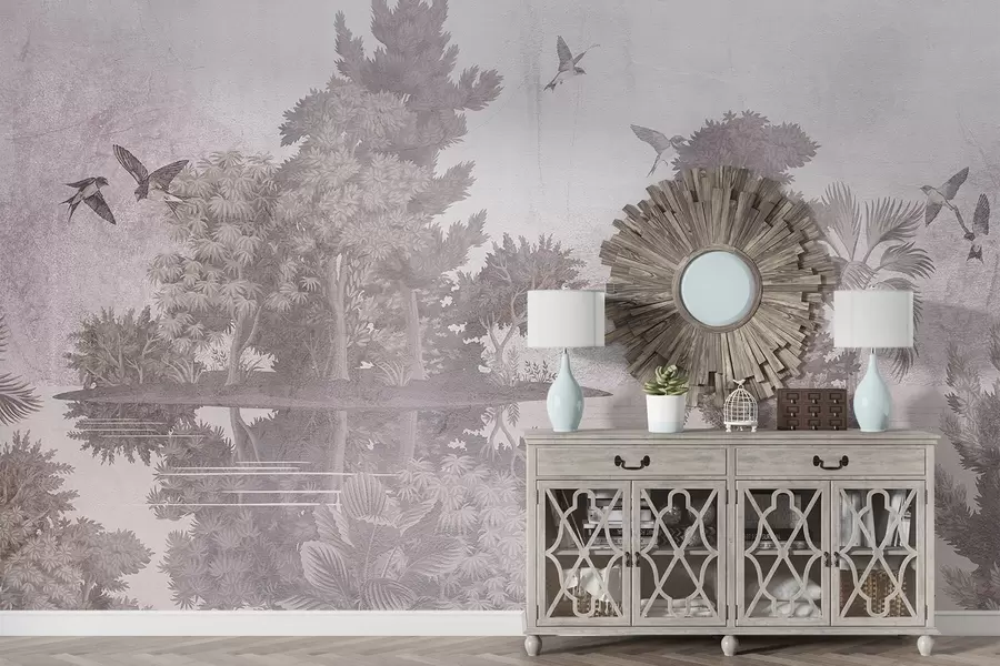 Fototapete Eine Waldlandschaft mit einem See, umgeben von Kiefern und anderem Laub auf einem beigefarbenen Hintergrund mit Struktur w08426