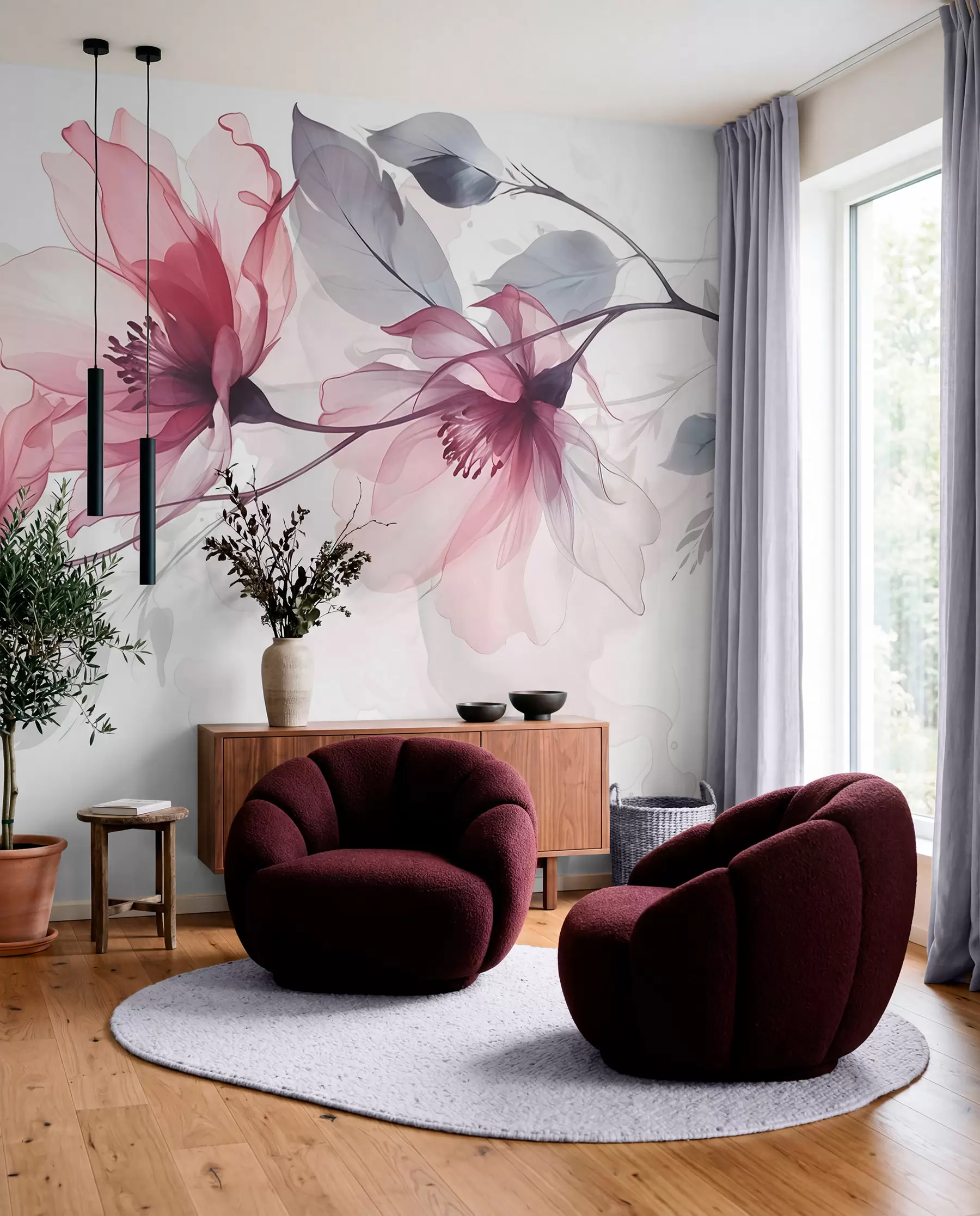 Fototapete Zarte transparente rosa und graue Blumen mit weichen, verschwommenen Blütenblättern auf weißem Hintergrund w08429
