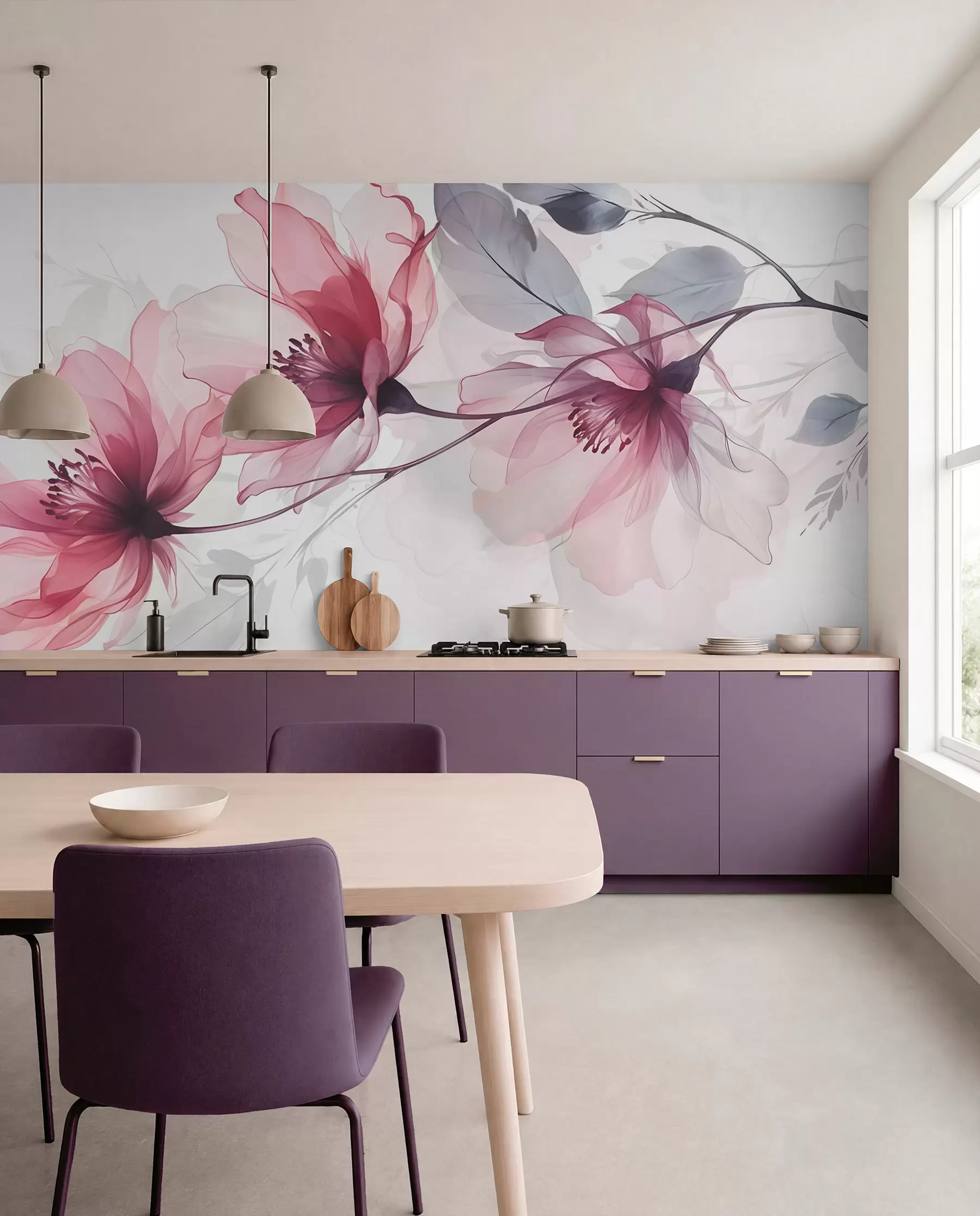 Fototapete Zarte transparente rosa und graue Blumen mit weichen, verschwommenen Blütenblättern auf weißem Hintergrund w08429