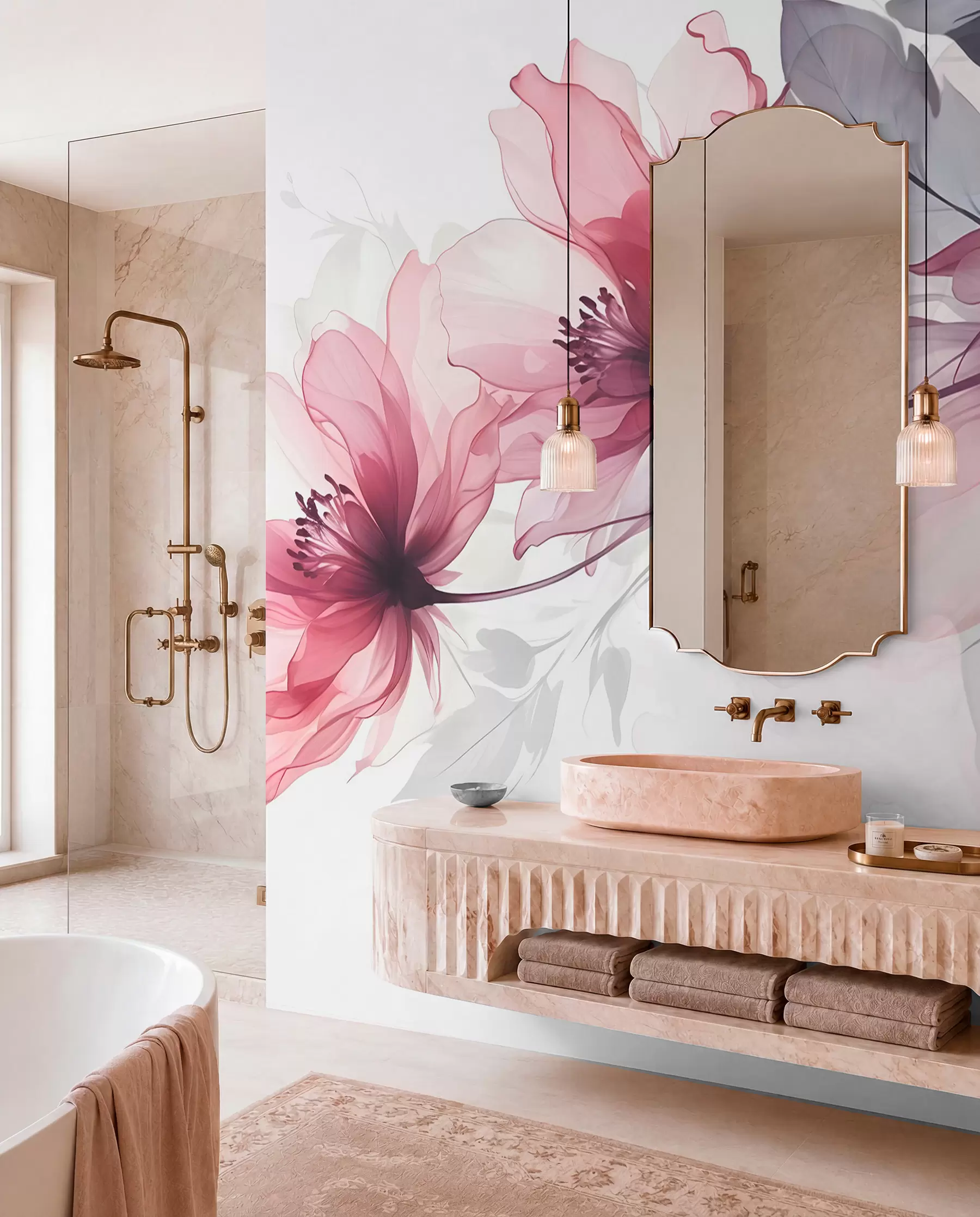 Fototapete Zarte transparente rosa und graue Blumen mit weichen, verschwommenen Blütenblättern auf weißem Hintergrund w08429
