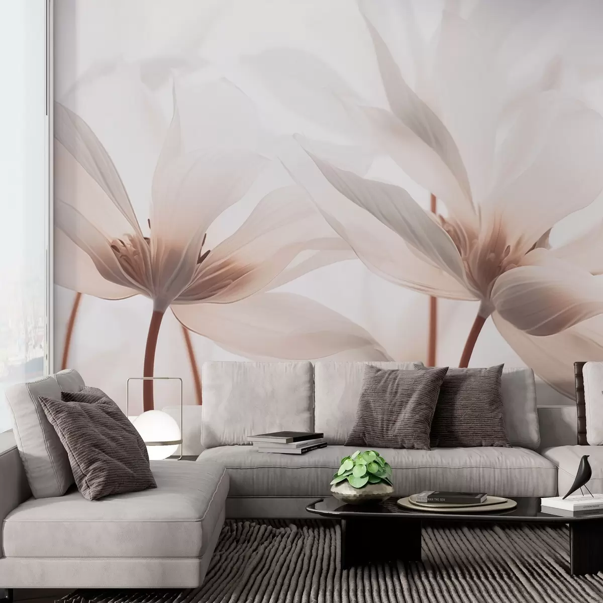 Fototapete Beigefarbene Blumen auf hellem Hintergrund w02295