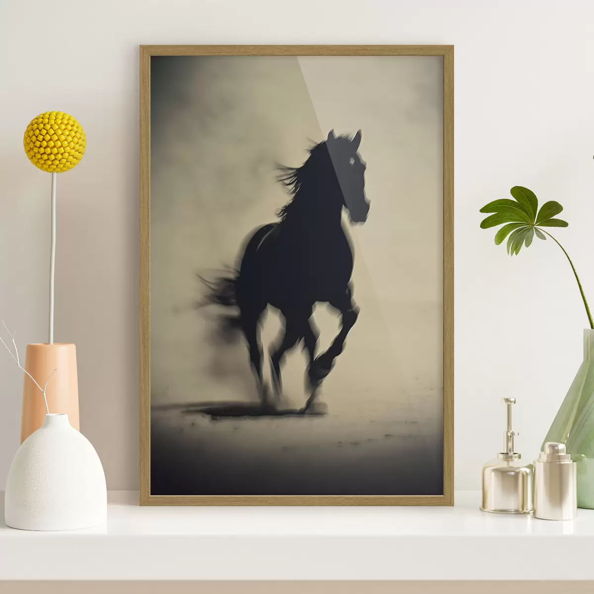 Poster Silhouette eines schwarzen Pferdes in verschwommenem Stil f41708