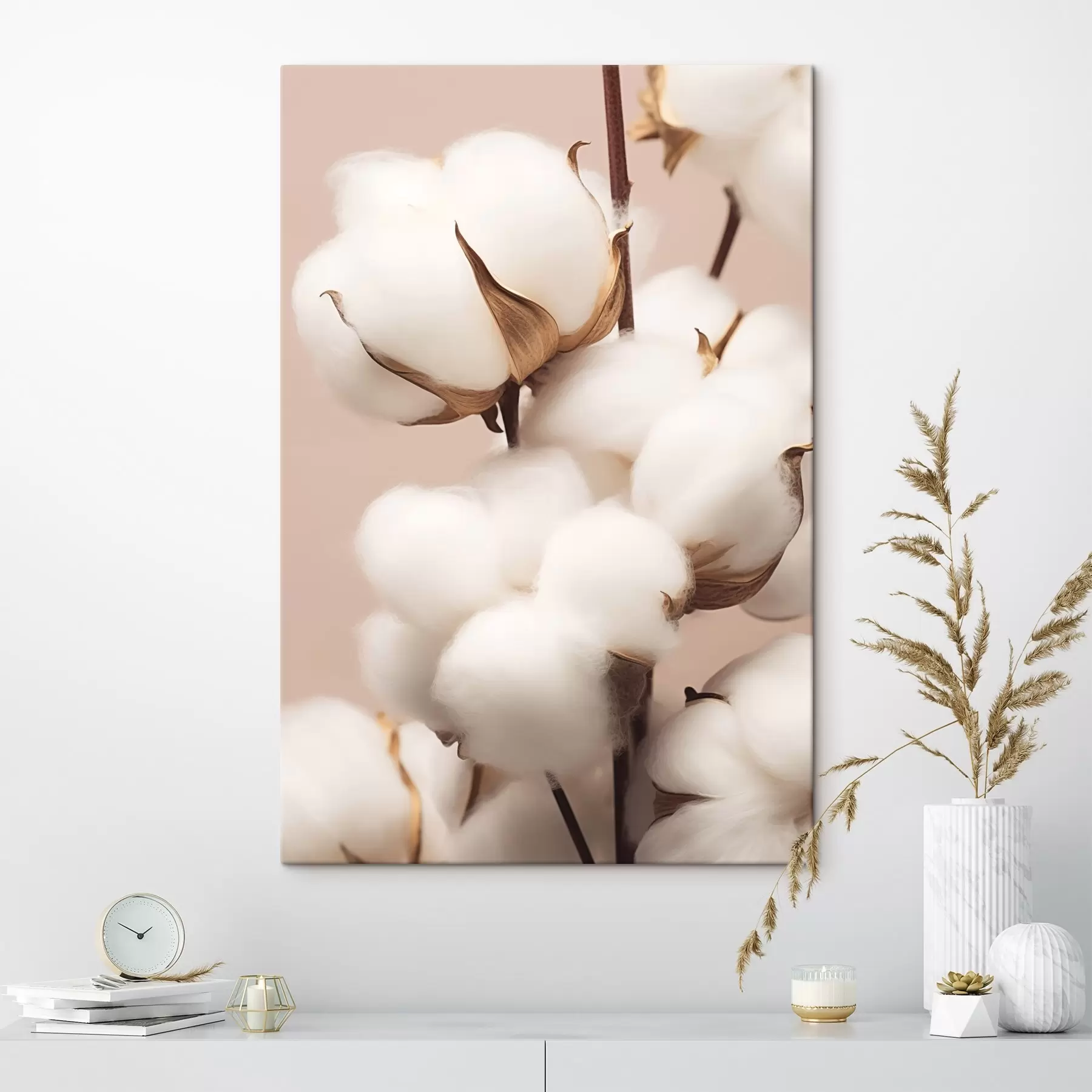 Fototapete Baumwollblumen auf beigem Hintergrund s41706