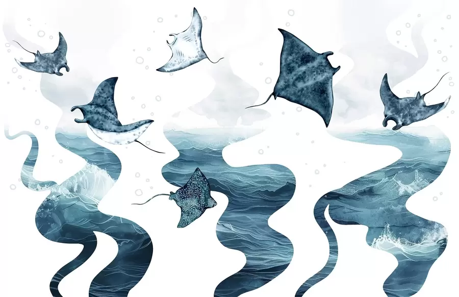 Fototapete Manta Rochen Fisch, Aquarell-Stil, Meer, Ozean, blaue Farben w02266