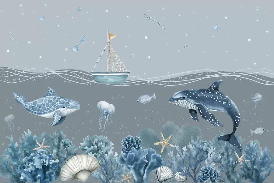 Fototapete Meeresleben, Aquarellstil, Korallen, Boot, Delphin, Qualle, Sternenhimmel, sanfte blaue Farben w02310v3