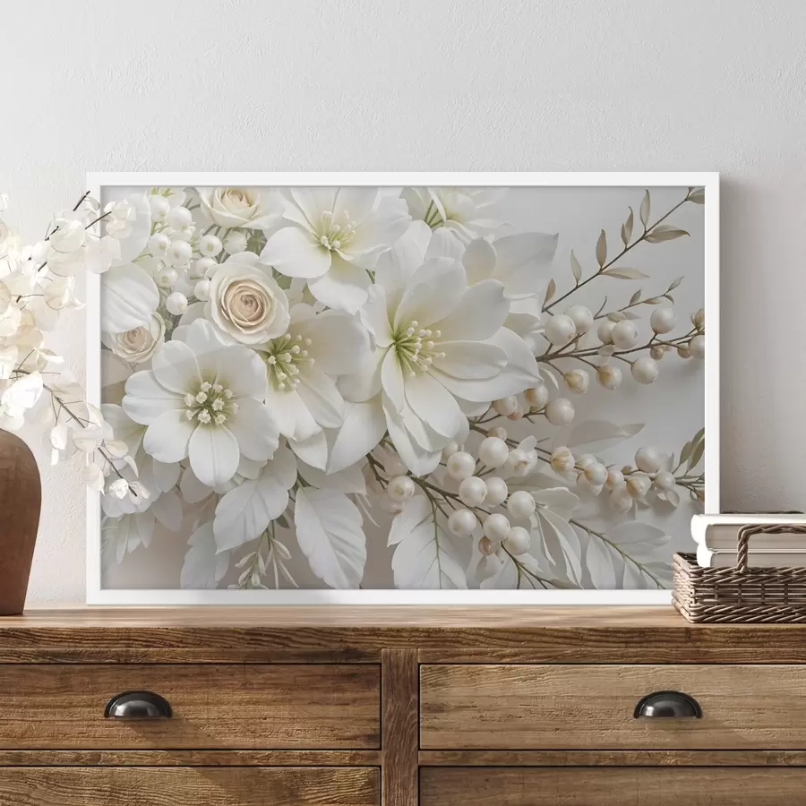 Fototapete Zarte weiße Blumen, darunter Lilien, Rosen und andere Blüten mit weichen, samtigen Blütenblättern f41722
