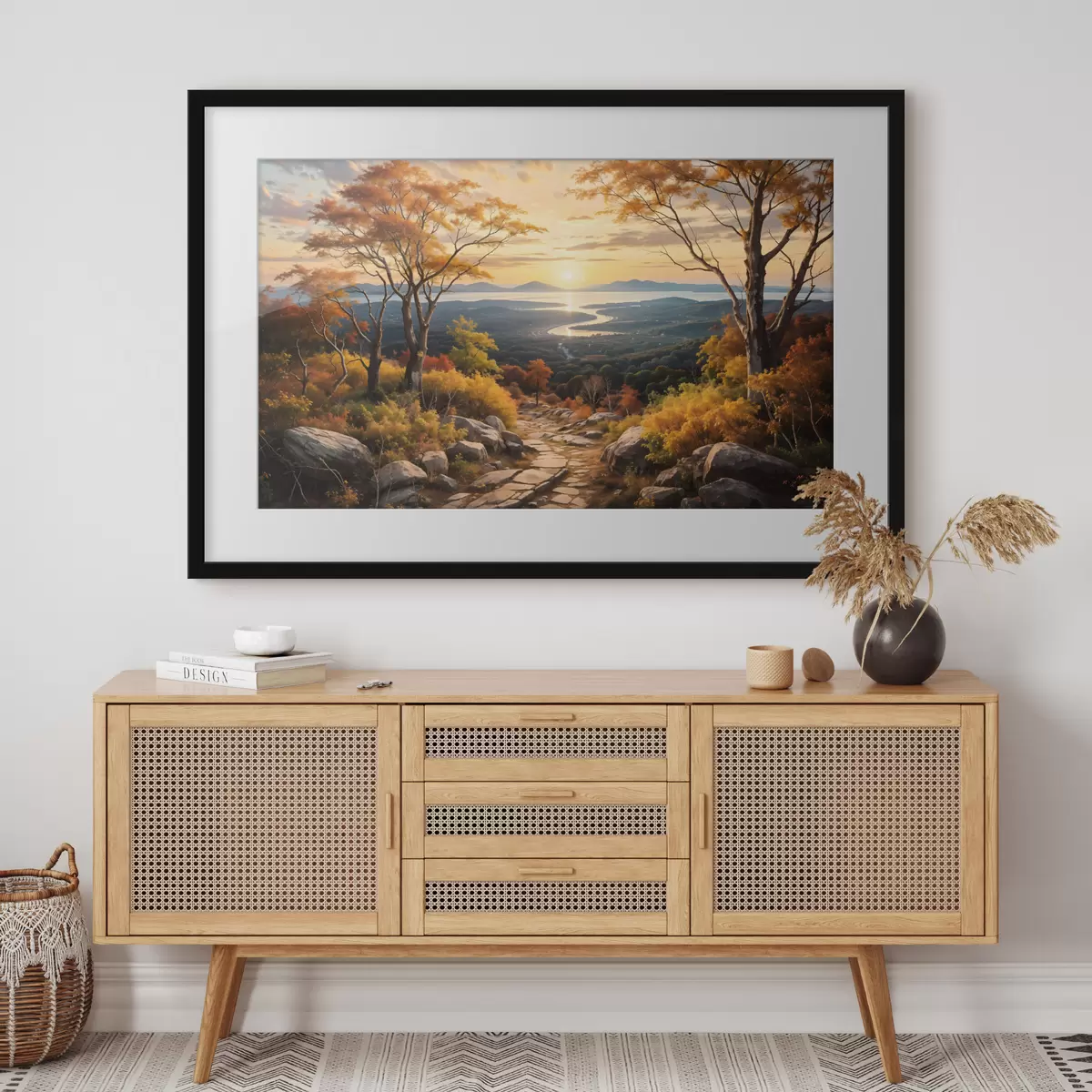Poster Landschaft mit einem gewundenen Feldweg, der durch einen Wald mit herbstlich gefärbten Bäumen und einem Sonnenuntergangshimmel führt f41732
