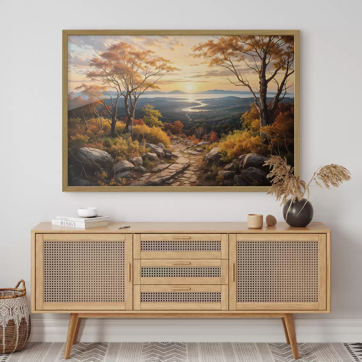 Poster Landschaft mit einem gewundenen Feldweg, der durch einen Wald mit herbstlich gefärbten Bäumen und einem Sonnenuntergangshimmel führt f41732