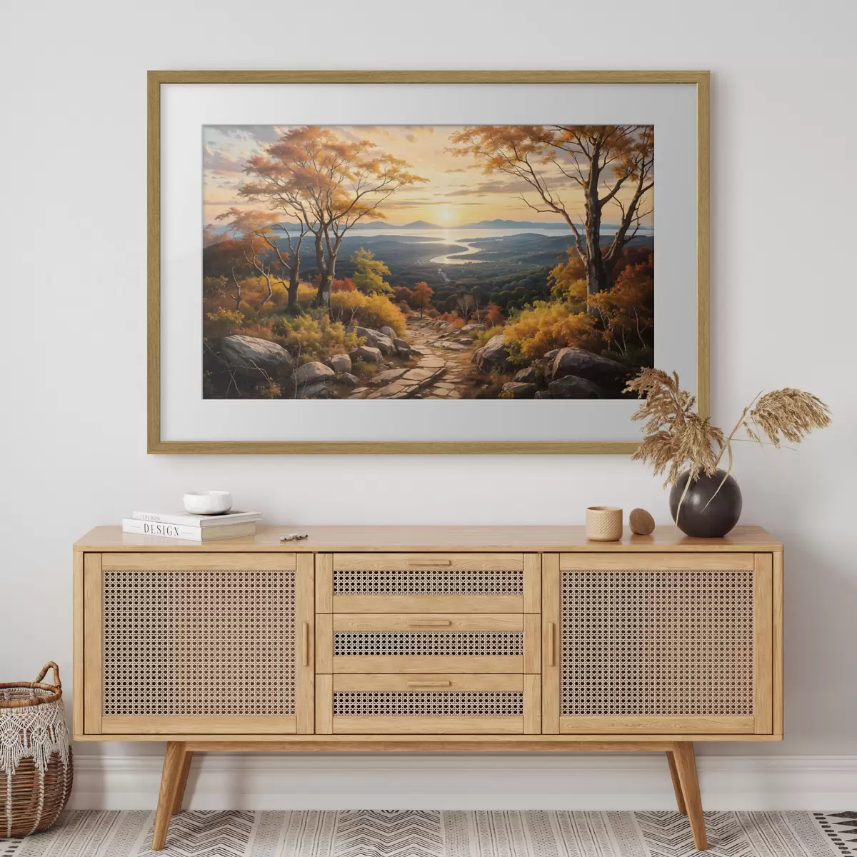 Poster Landschaft mit einem gewundenen Feldweg, der durch einen Wald mit herbstlich gefärbten Bäumen und einem Sonnenuntergangshimmel führt f41732