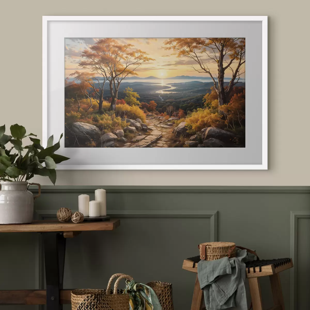 Poster Landschaft mit einem gewundenen Feldweg, der durch einen Wald mit herbstlich gefärbten Bäumen und einem Sonnenuntergangshimmel führt f41732