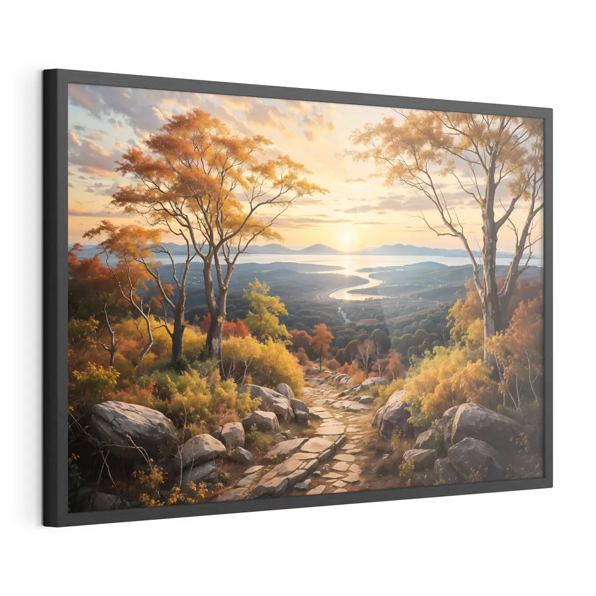 Poster Landschaft mit einem gewundenen Feldweg, der durch einen Wald mit herbstlich gefärbten Bäumen und einem Sonnenuntergangshimmel führt f41732