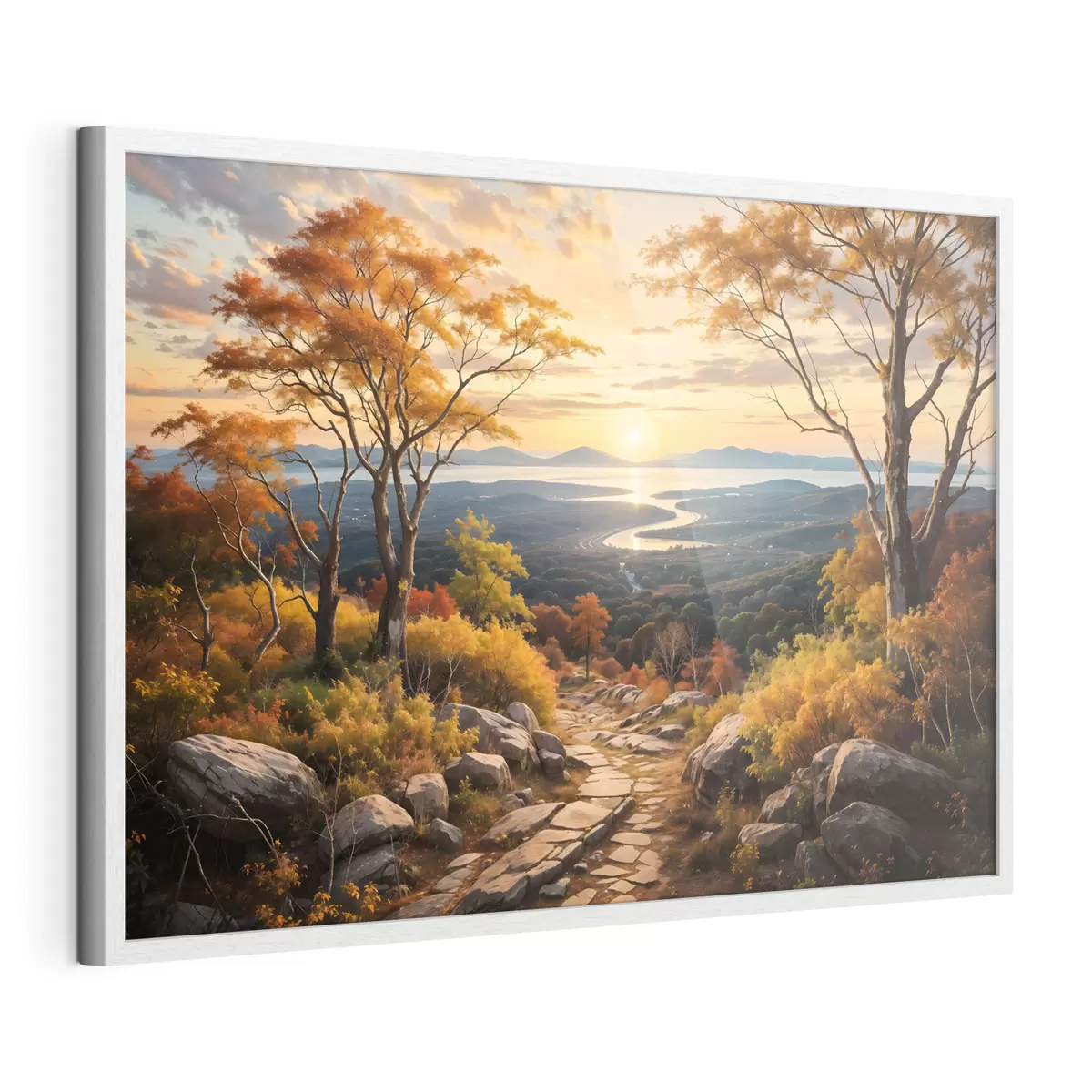 Poster Landschaft mit einem gewundenen Feldweg, der durch einen Wald mit herbstlich gefärbten Bäumen und einem Sonnenuntergangshimmel führt f41732