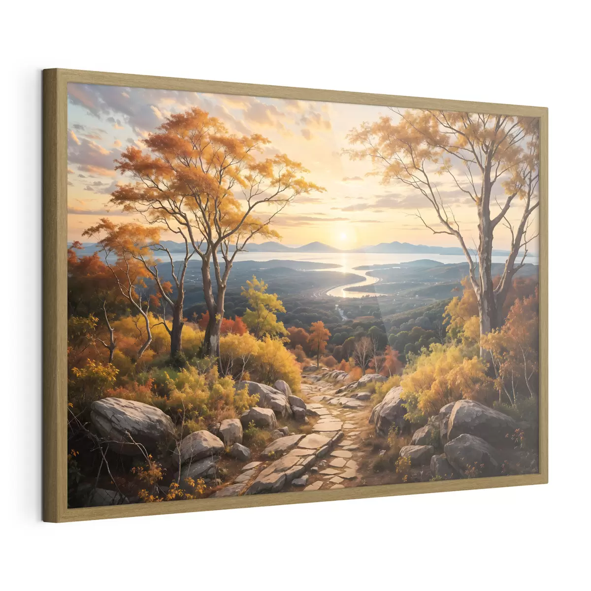 Poster Landschaft mit einem gewundenen Feldweg, der durch einen Wald mit herbstlich gefärbten Bäumen und einem Sonnenuntergangshimmel führt f41732
