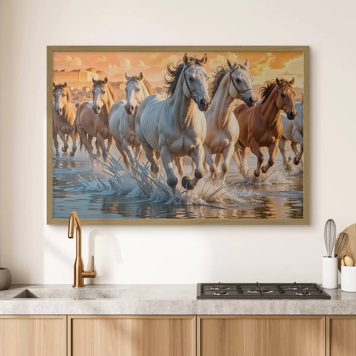 Poster Eine Herde weißer Pferde, die durch seichtes Wasser laufen, mit einem orangefarbenen Himmel im Hintergrund f41740