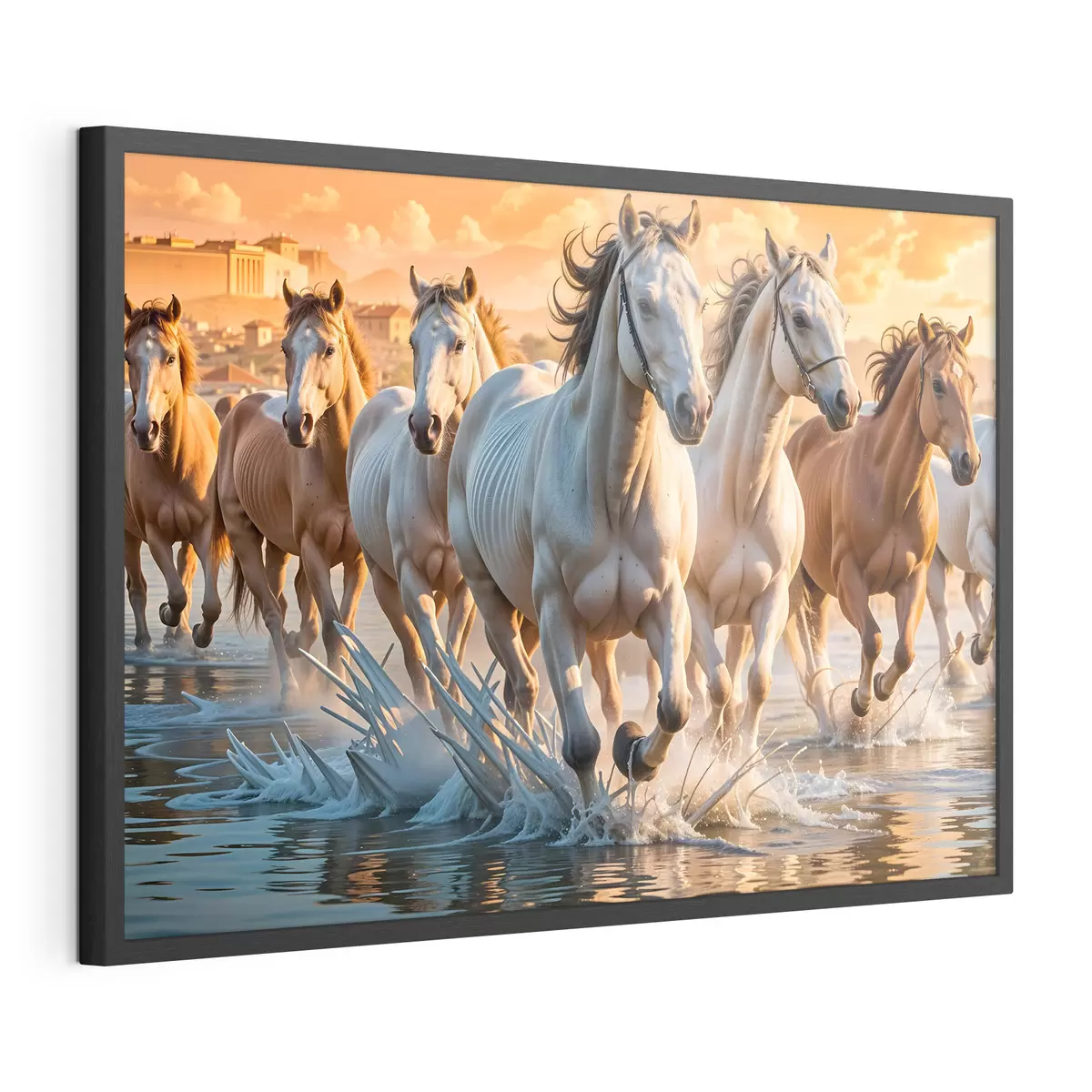 Poster Eine Herde weißer Pferde, die durch seichtes Wasser laufen, mit einem orangefarbenen Himmel im Hintergrund f41740